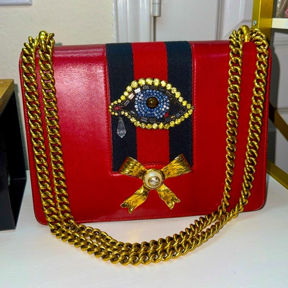 Authentic limited Edition GUCCI Red Leather Web Peony Eye Chain Shoulder Bag - Picture 16 of 17